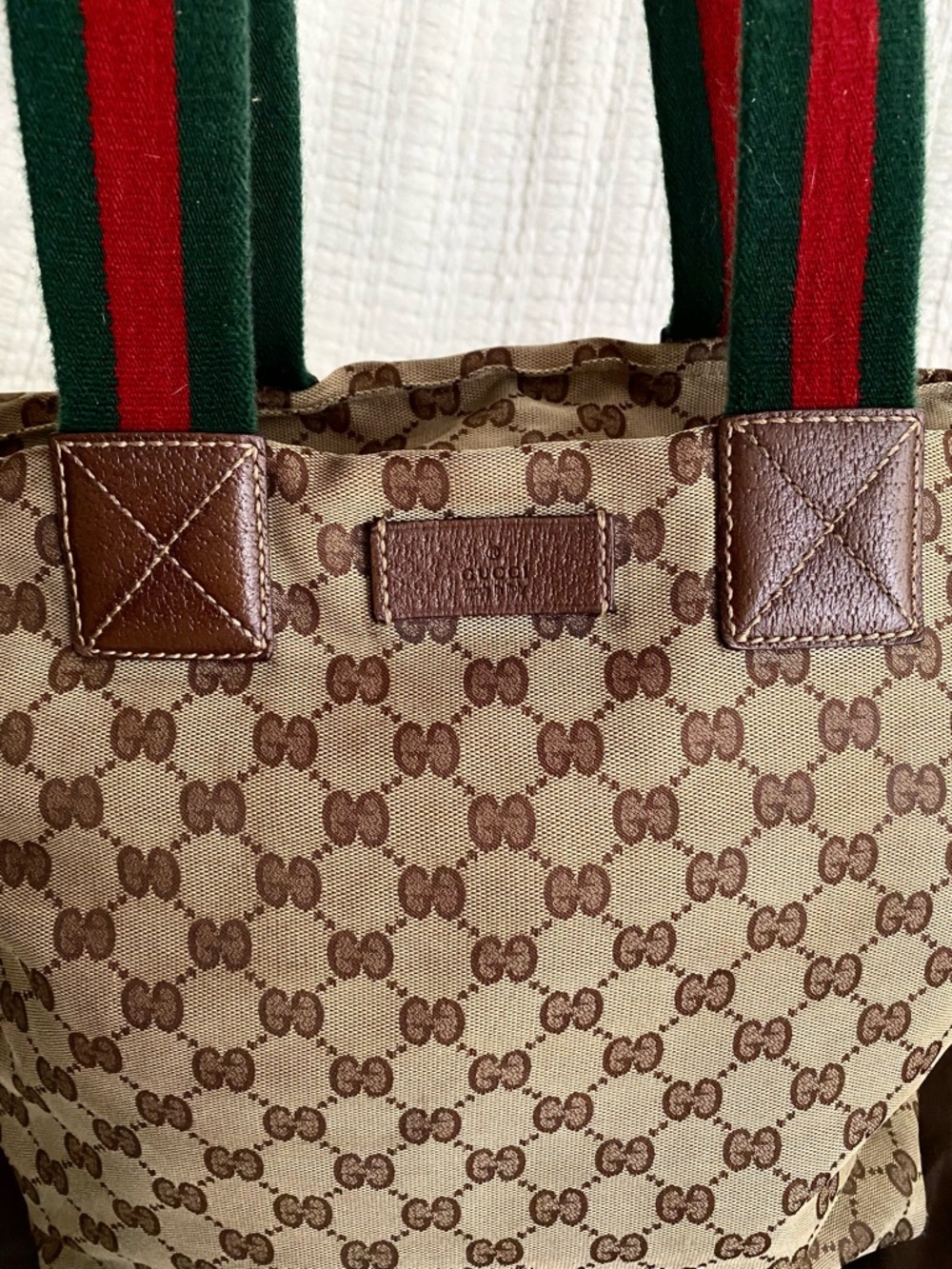 Gucci GG Supreme Canvas Tote Bag Web Stripe Handles Beige Brown - Picture 9 of 15